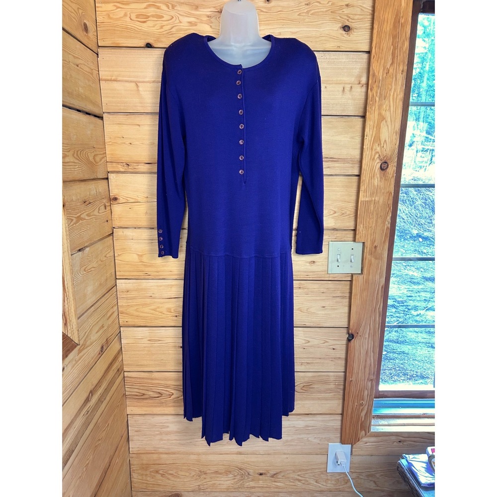 Vintage Outlander Purple Knit Drop Waist Pleated Maxi Dress Wool Blend Sz Medium